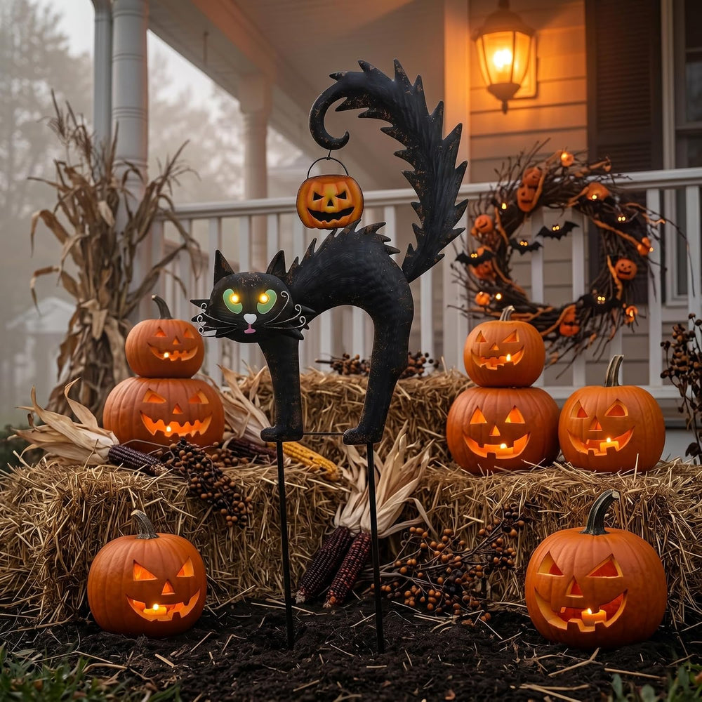 TERESA'S COLLECTIONS Outdoor Halloween Decor Black Cat Solar Garden Stake