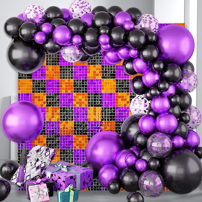 12PCS Black Orange Purple Shimmer Wall Backdrop, Laser Square Sequin Photo Ba...