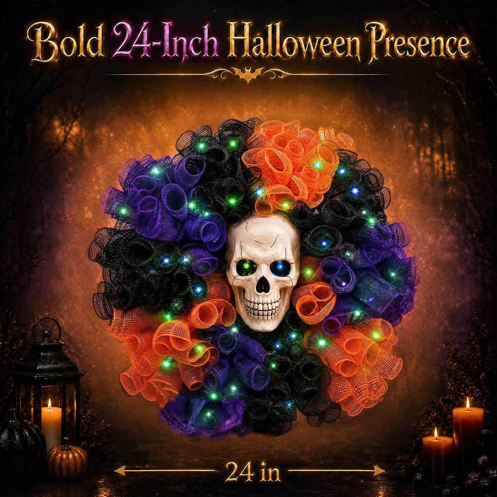 24 in Halloween Wreath with Skull and Color-Changing Lights