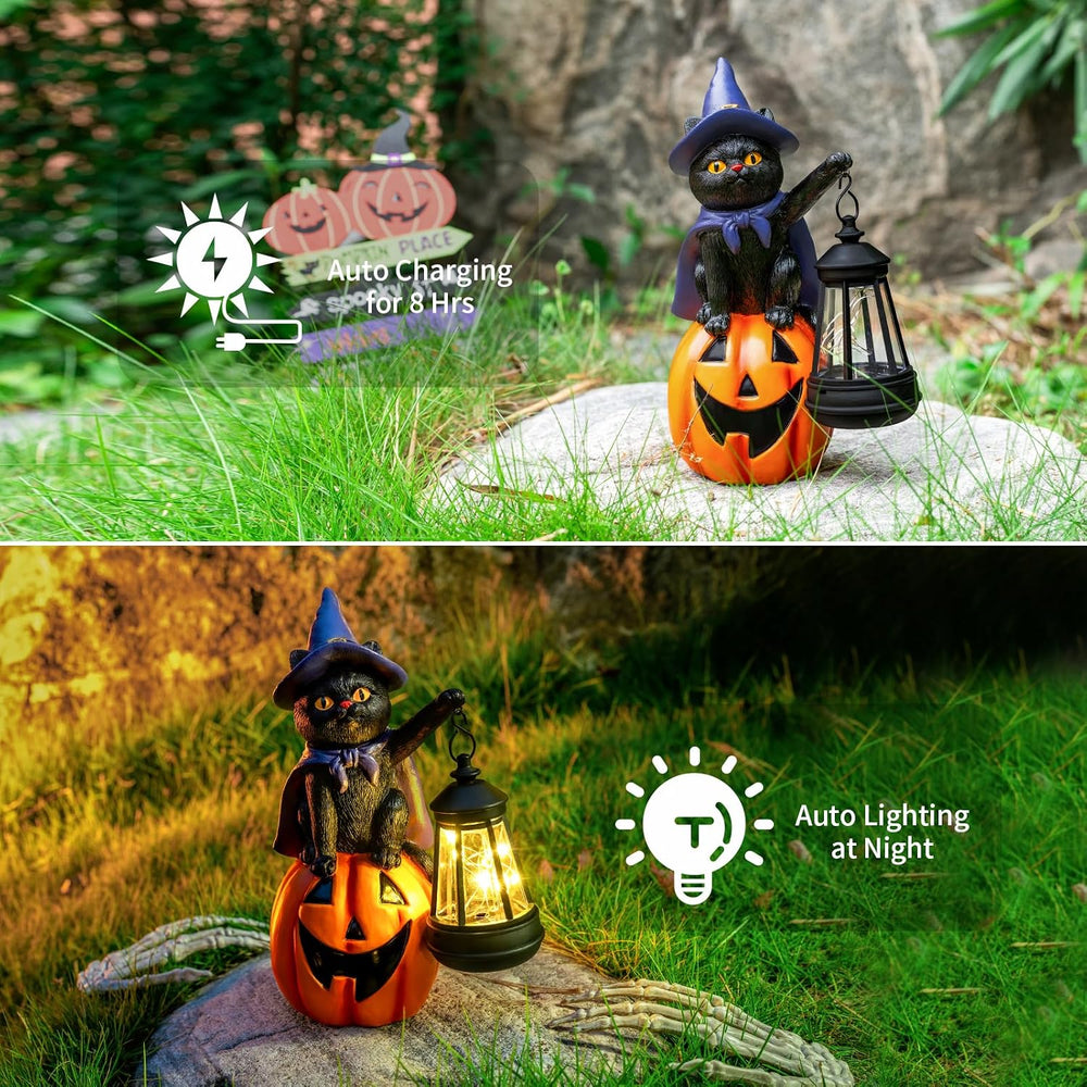 Halloween Black Cat Decor Solar Cat Garden Statues Sit On Pumpkin with LED La...