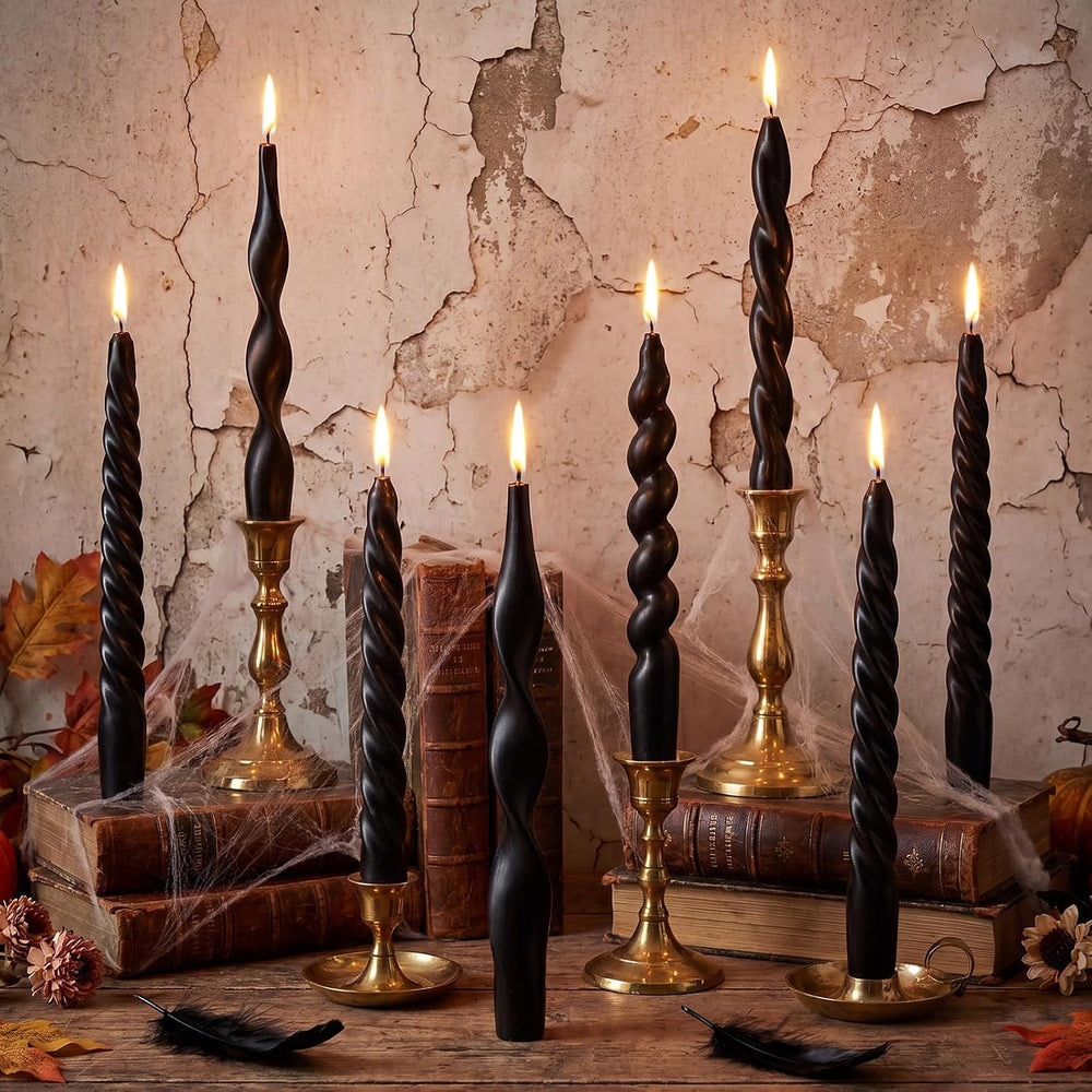 Nuanchu 12 Pcs Black Spiral Taper Candle 7.5" Halloween Twisted Candlestick