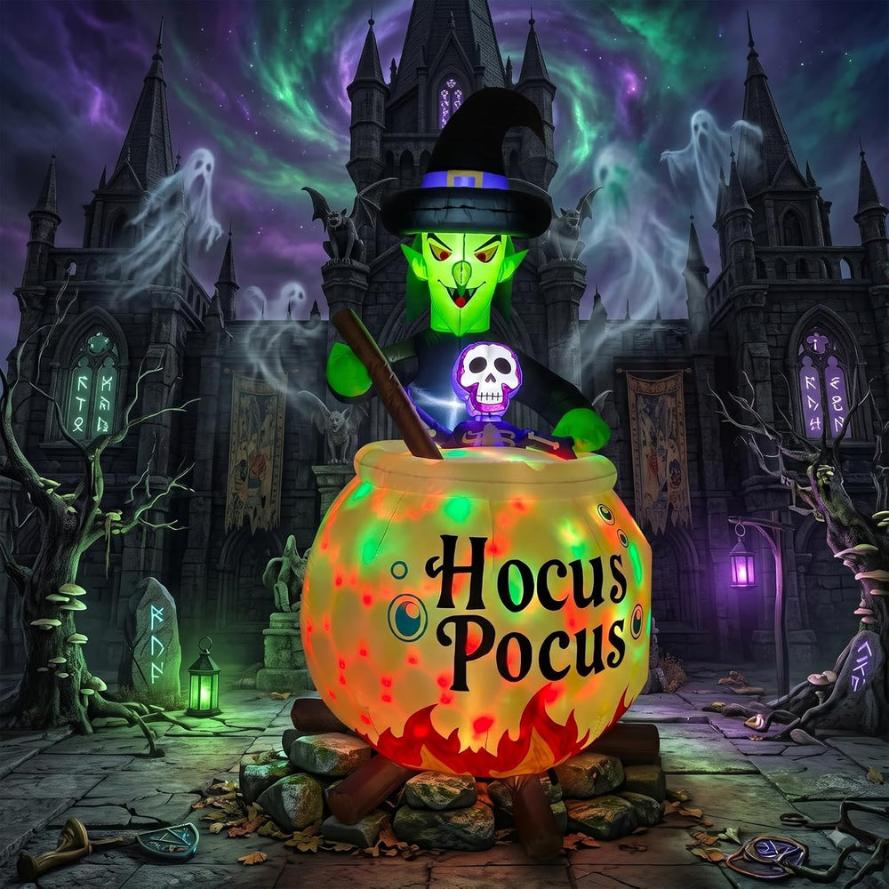 6 FT Halloween Inflatable Witch and Cauldron with RGB Lighted Halloween Blow ...