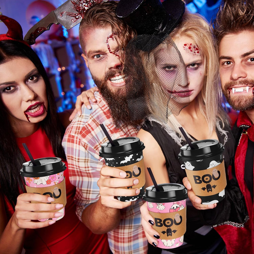 Lallisa 100 Sets 12 oz Halloween Disposable Coffee Cups with Lids and Sleeves...