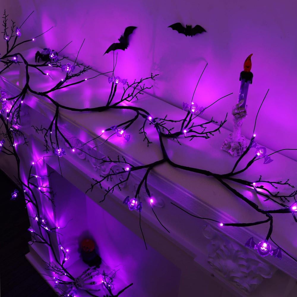9FT 72 LED Willow Vine Twig Decor Black Halloween Garland with Bat & Purp...
