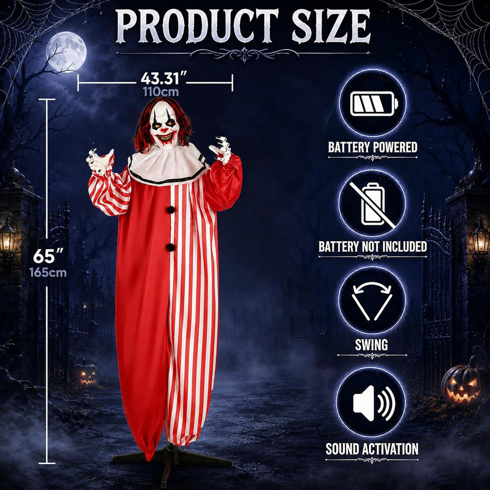 65" Halloween Decoration, Scary Animatronic Clown Prop w/LED Light-Up Ey...