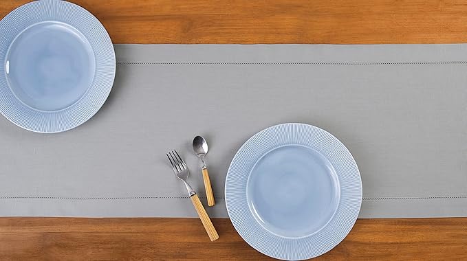 Solino Home Light Grey Table Runner 60 Inches - Cotton Linen Hemstitch Coffee...