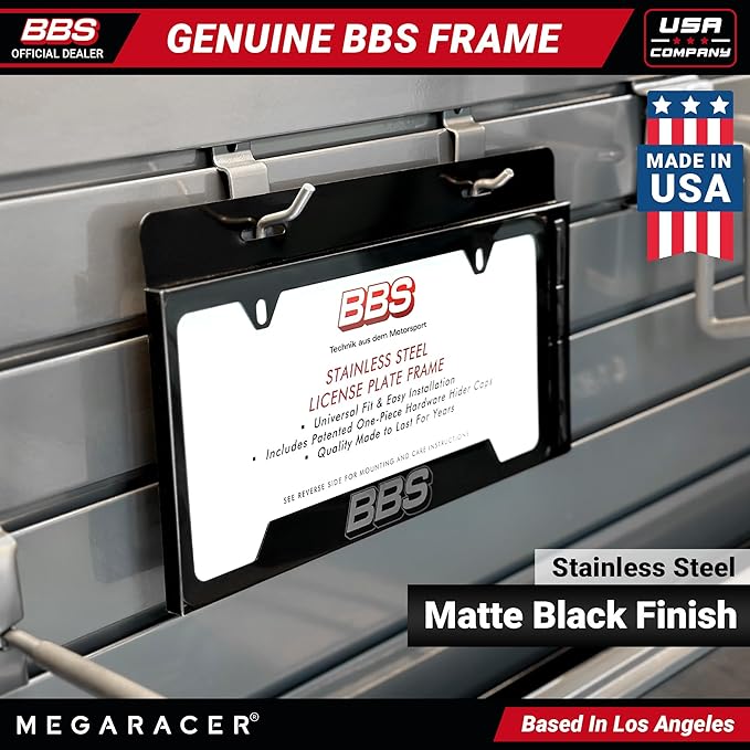 BBS Official Black Stainless Steel License Plate Frame – Made in USA – Premium