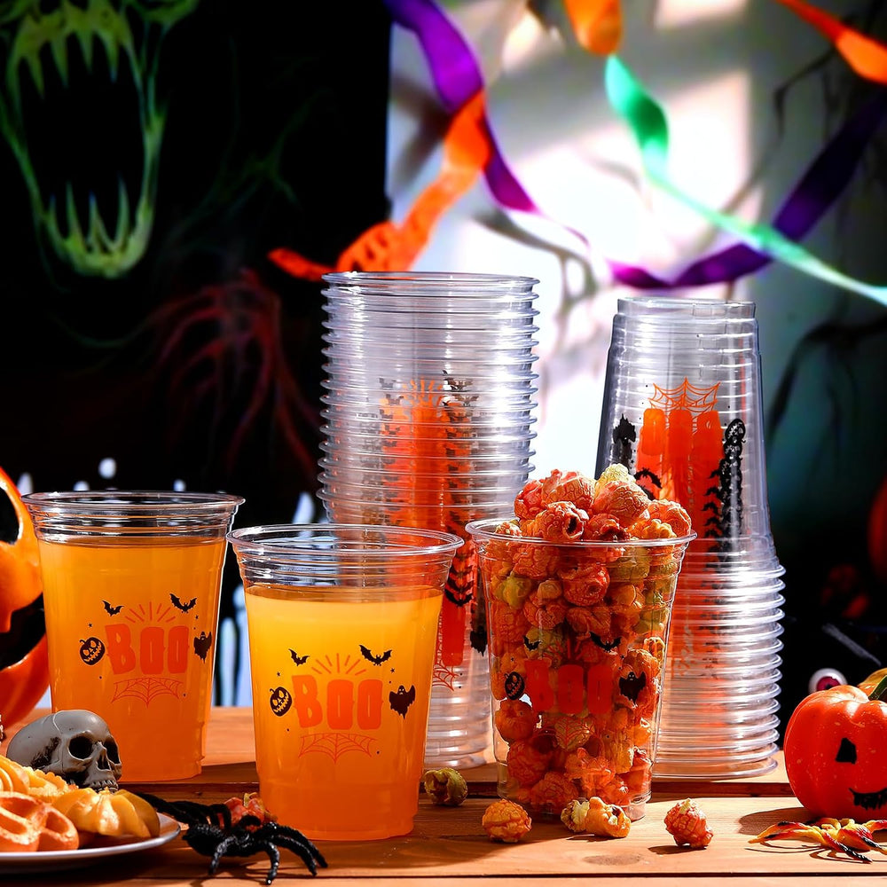 100 Pcs Halloween Plastic Cups Bulk 16 oz Disposable Clear Boo