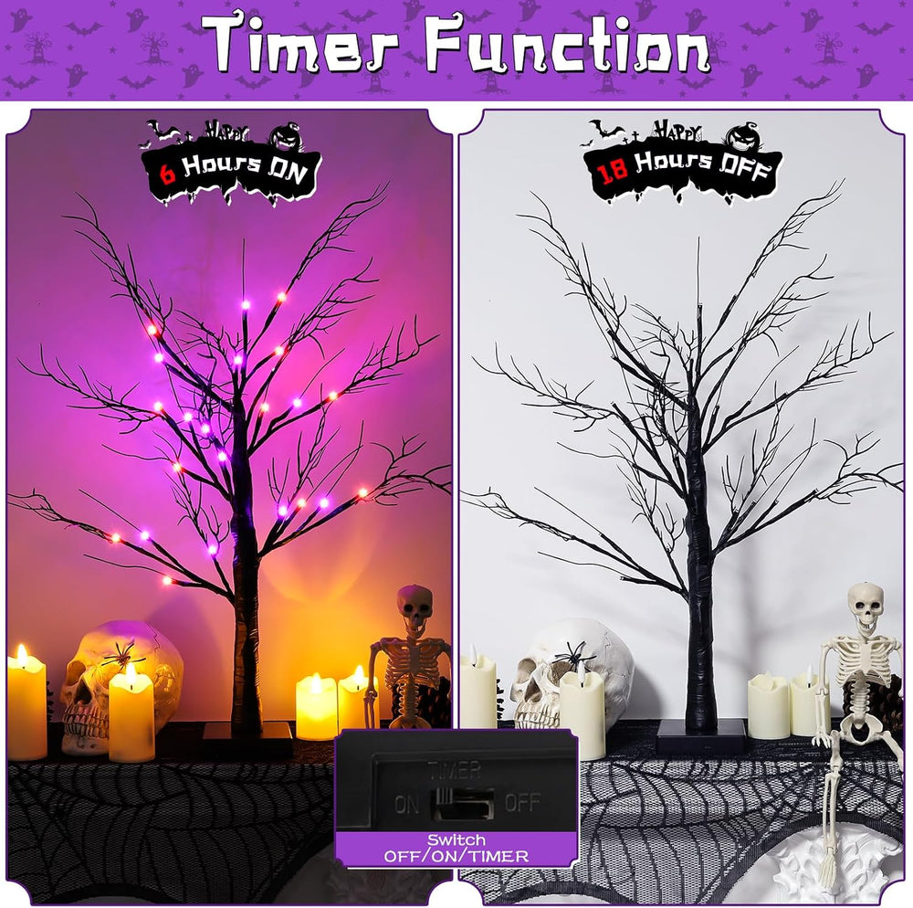 2Pack 24 Inch Halloween Spooky Tree with Lights, Lighted Tabletop Black Tree ...