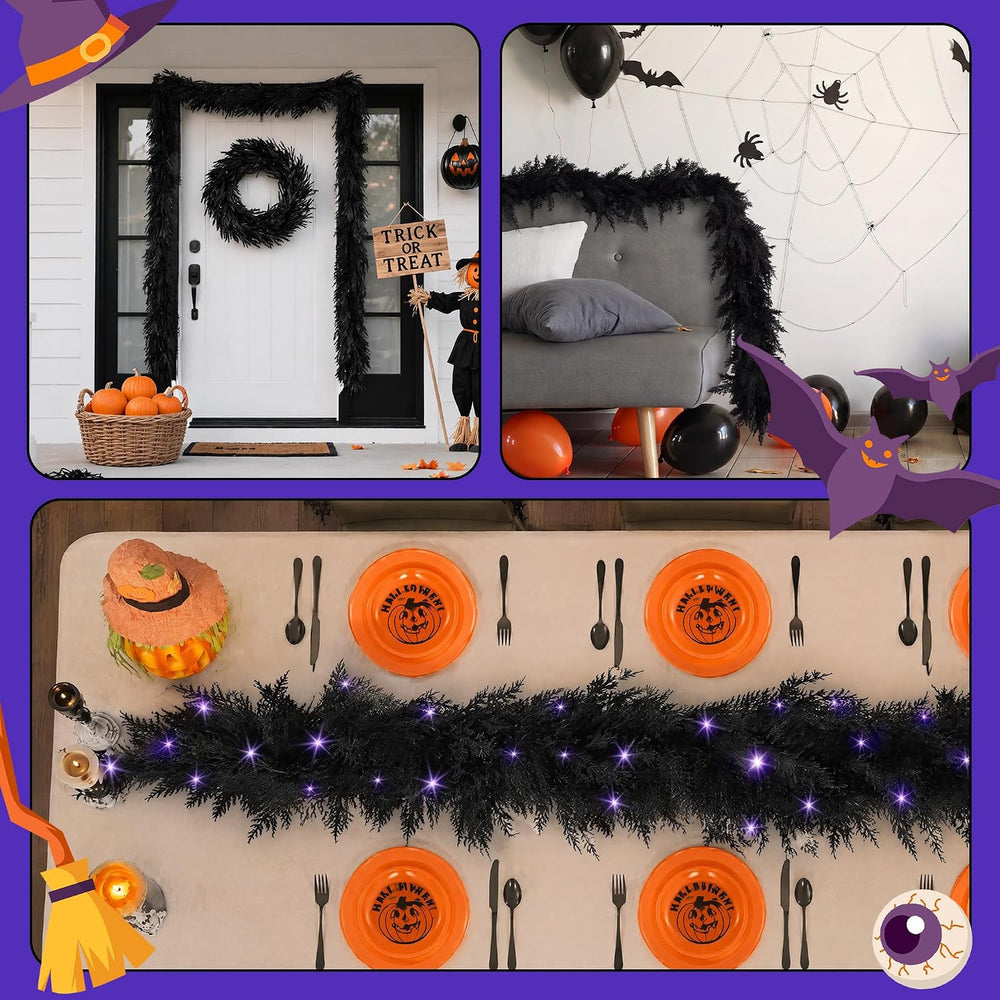 Fovths 12 Ft Pre‑Lit Black Halloween Garland, Artificial Cedar Vine Decor