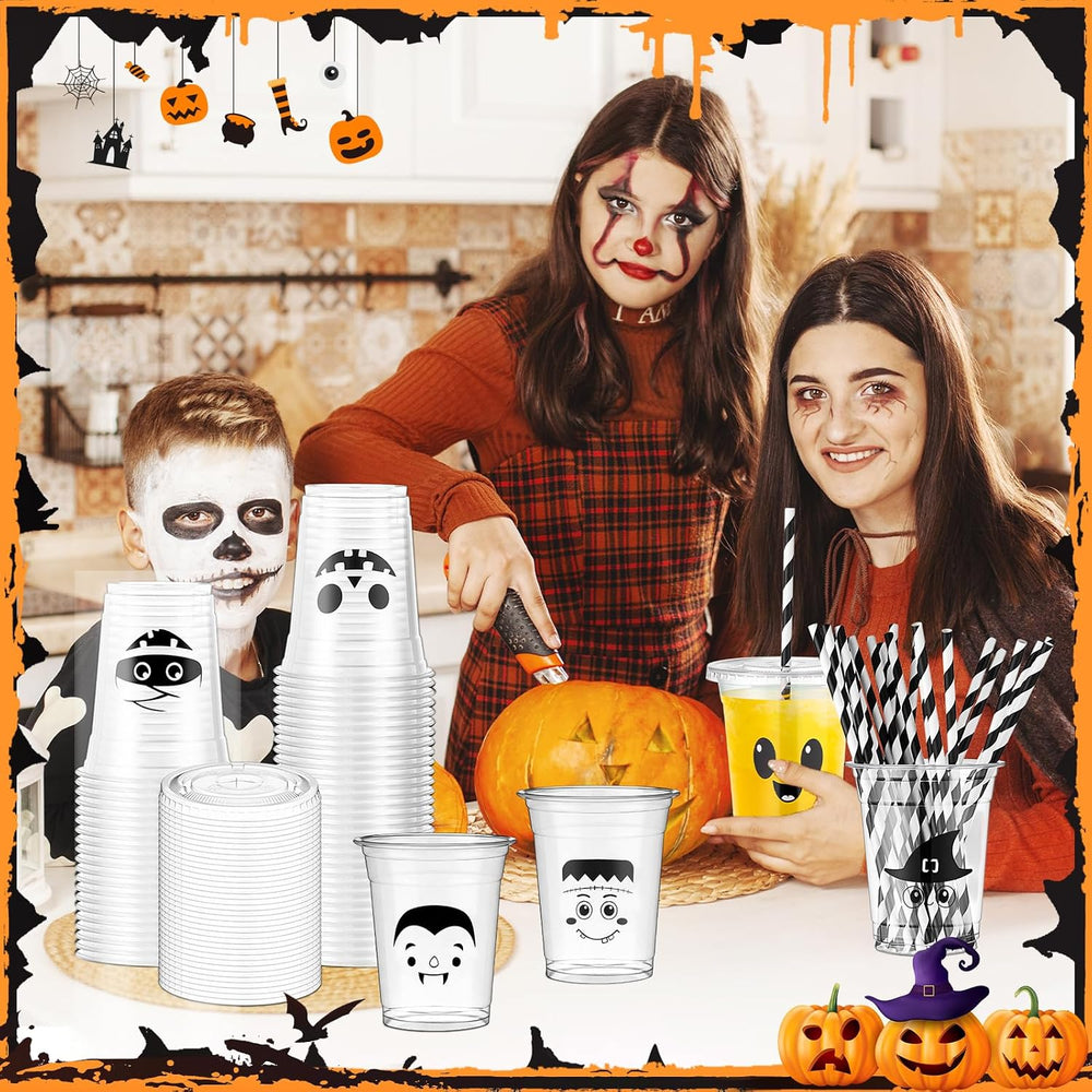 12oz Halloween Disposable Plastic Cups with Lids and Straws