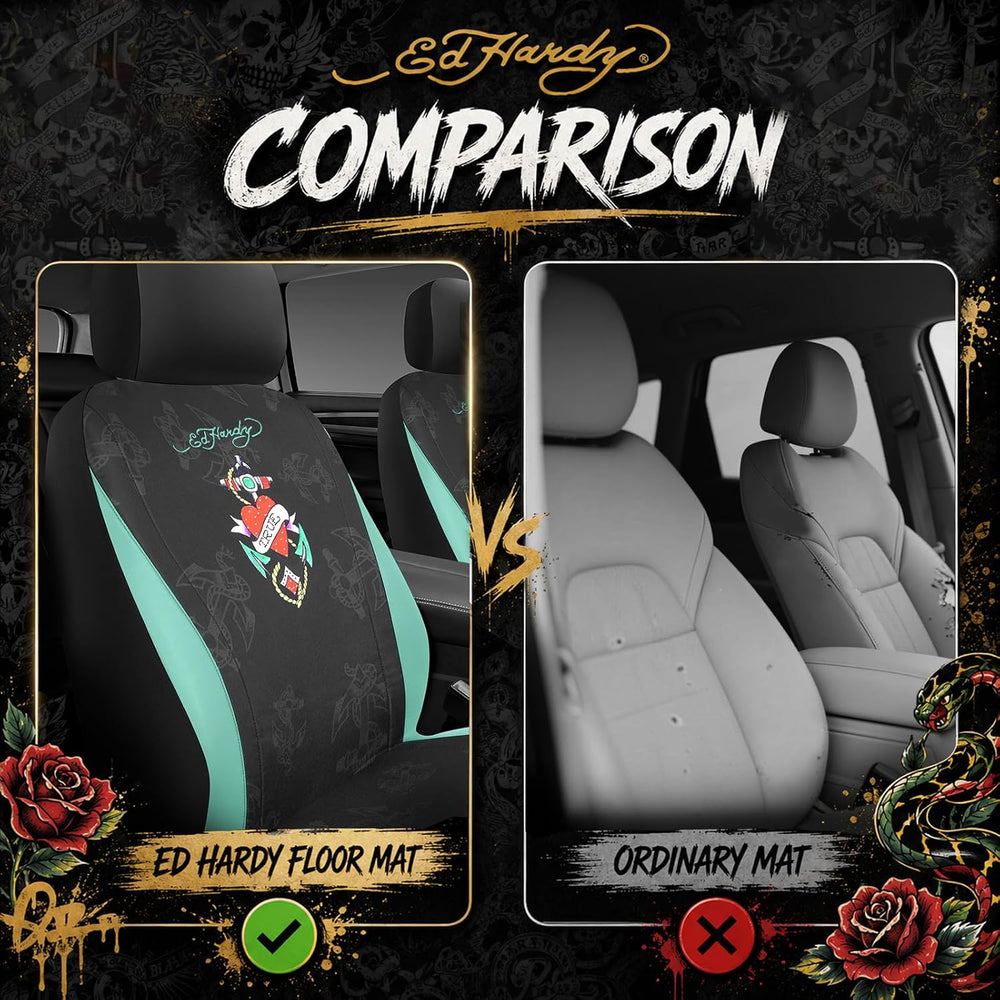 ED HARDY Heart Print Car Seat Covers, Mint Leather Patchwork Design Front Sea...