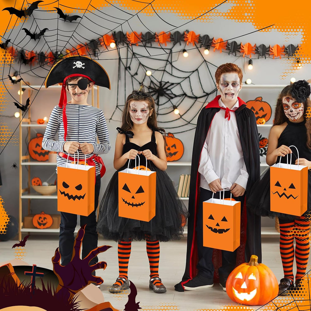 Ireer 100 Pcs Halloween Pumpkin Gift Bags Paper Treat Sacks with Handles