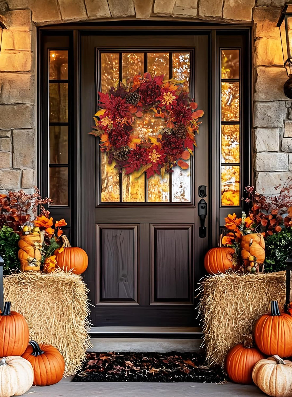 24" Artificial Fall Floral Wreath for Front Door Autumn Wreath with Peon...