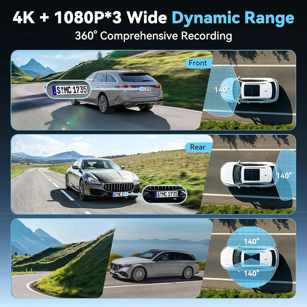 5'' Extra Large 4K Dash Cam Front Rear Left Right, 360° 4 Channel Das...