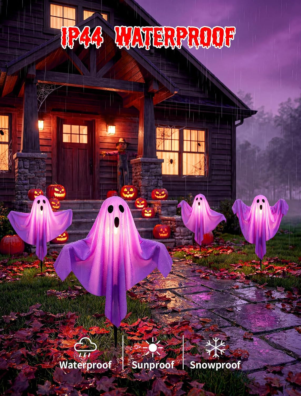 11.5FT Halloween Ghost Pathway Lights Outdoor, 4 Pack Purple Ghost Decor