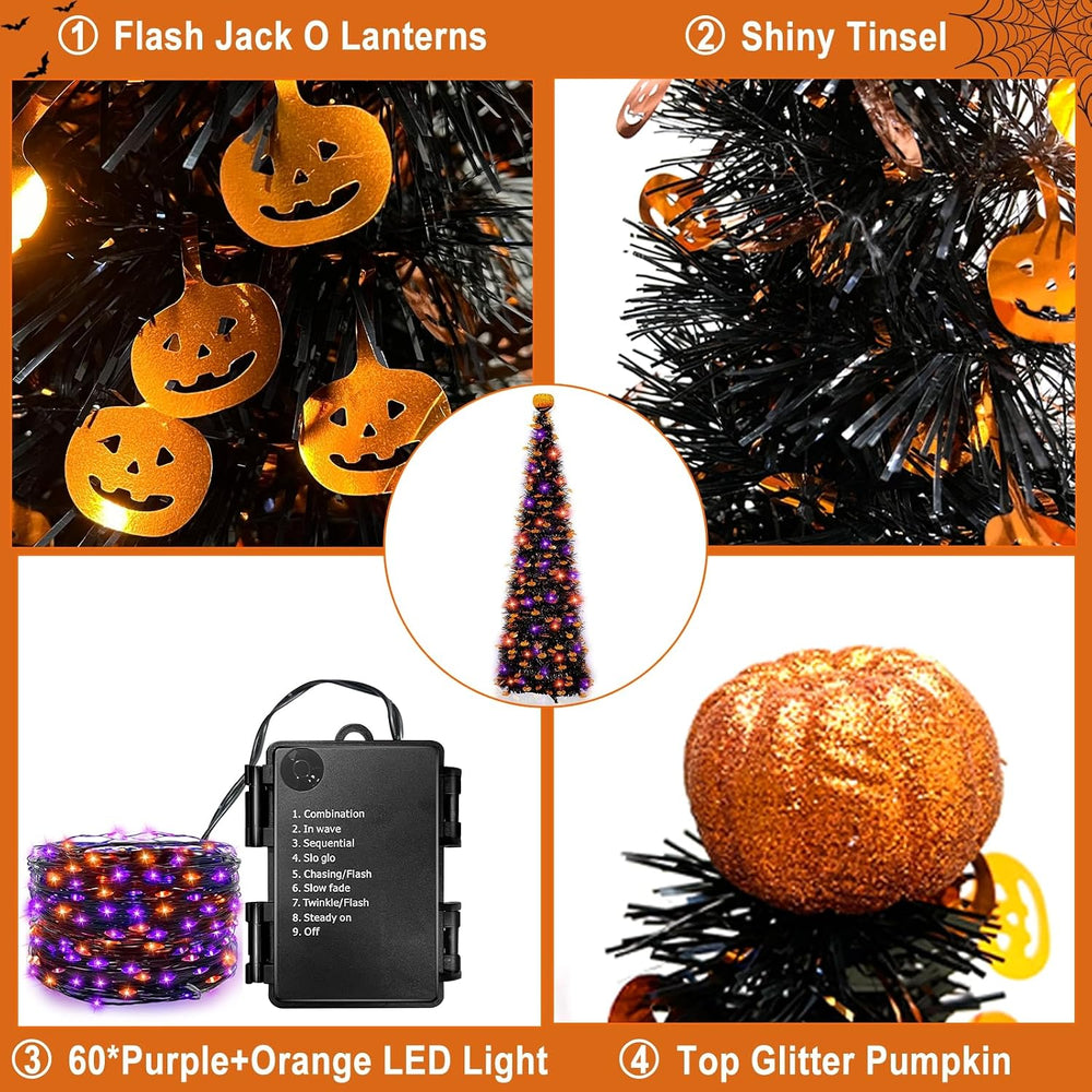 6 Ft Black Tinsel Halloween Tree with Lights Halloween Decorations