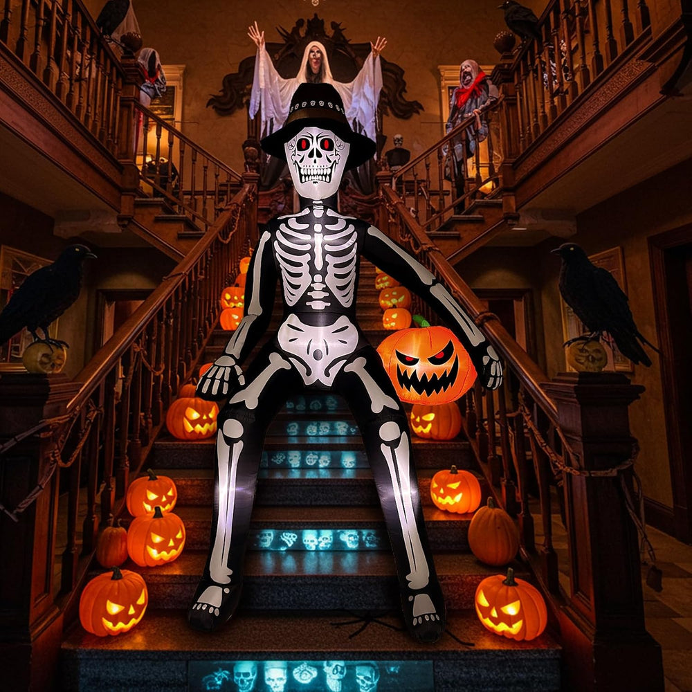 10FT Scary Halloween Inflatables Outdoor, Giant Sitting Skeleton Inflatable