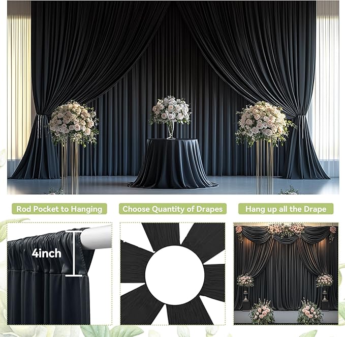 PartyVillage 60ft×15ft Black Backdrop Curtain for Halloween Parties, 12 Panel...