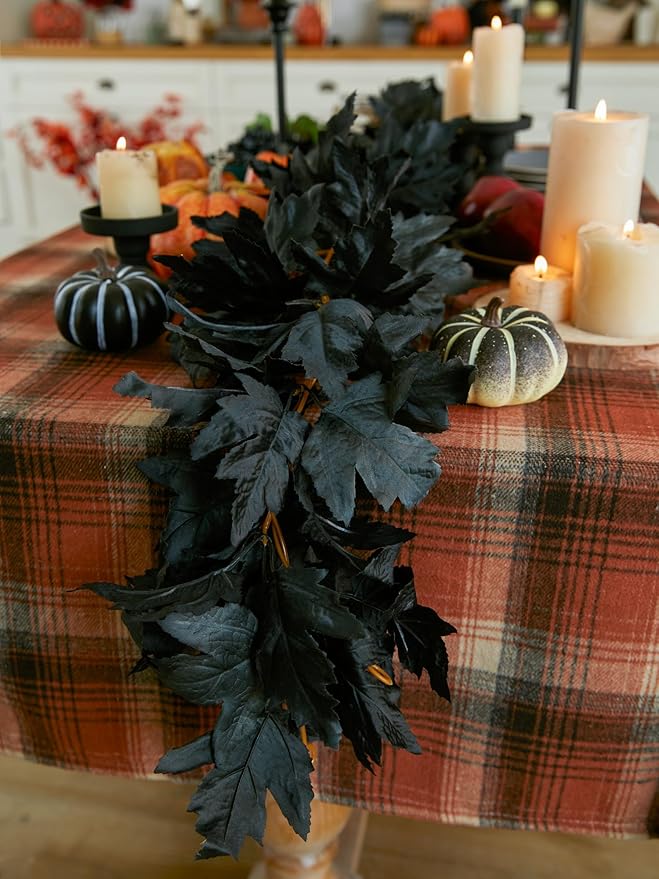 PARTY JOY Black Artificial Maple Leaf Garland - 6PCS 5.6Ft Halloween Decor, G...