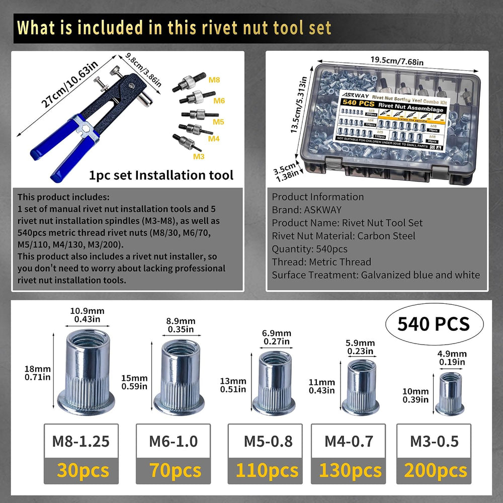 Rivet Nut Tool Kit 540Pcs Nut Riveter Tool Kit