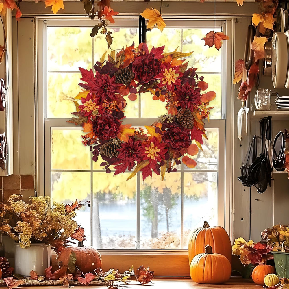 24" Artificial Fall Floral Wreath for Front Door Autumn Wreath with Peon...