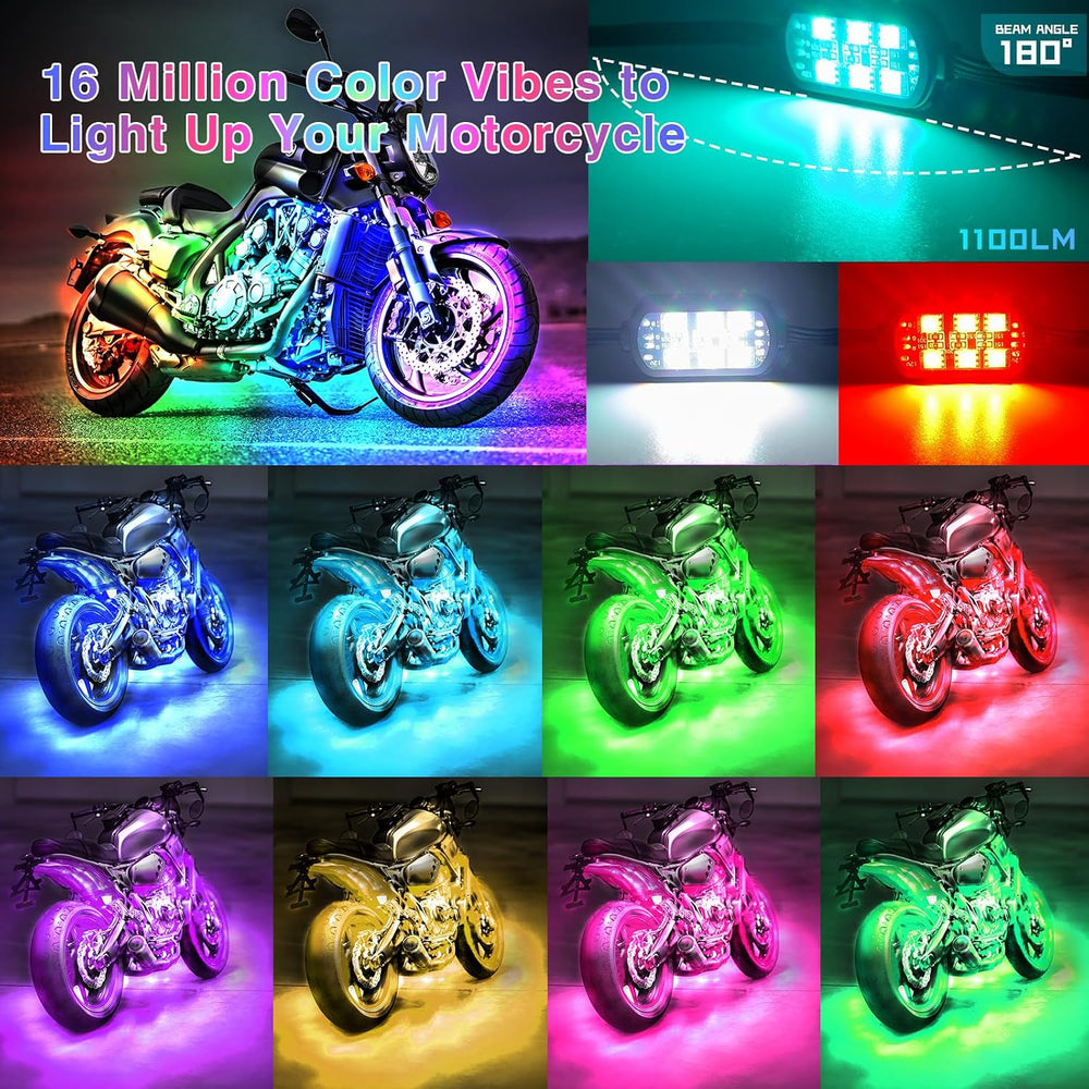 8PCS Motorcycle RGB LED Accent Lights with APP & RF Remote, Waterproof Fr...