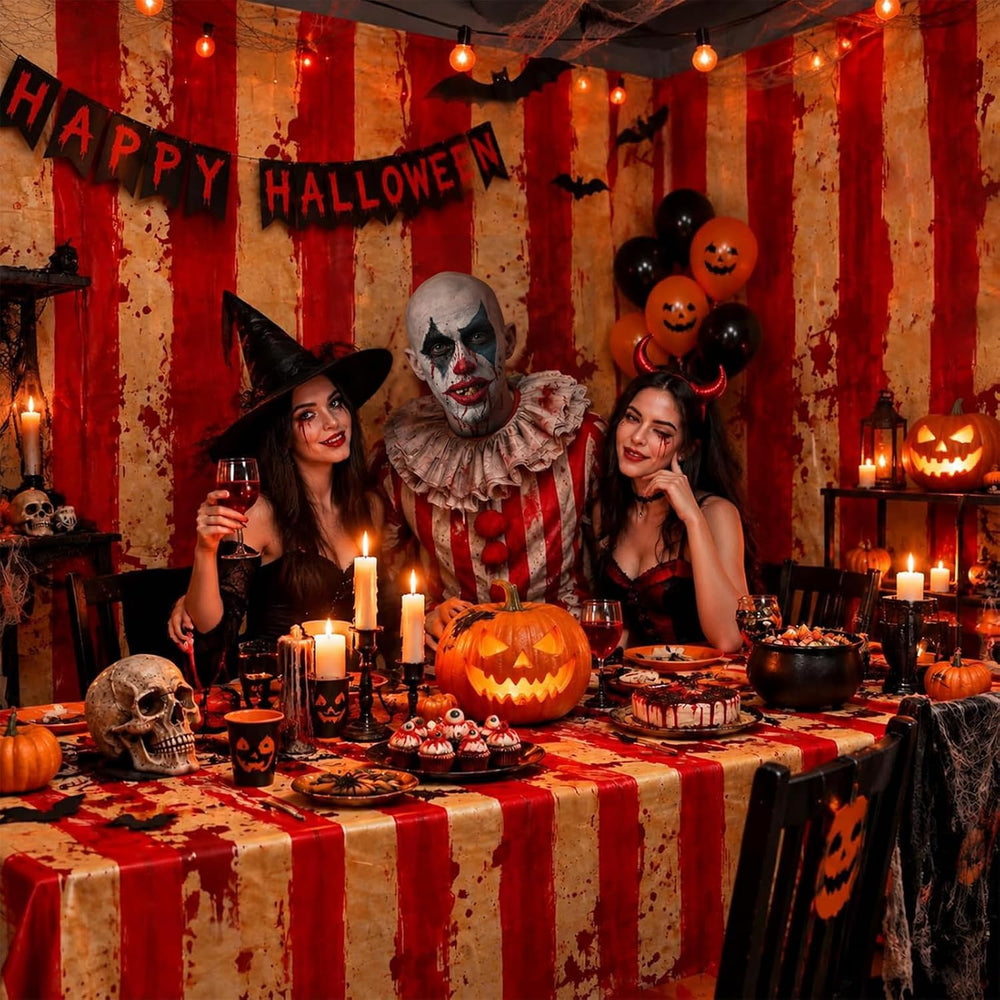 Tegeme 200 ft Creepy Carnival Tablecloth Roll, Red White Striped Halloween