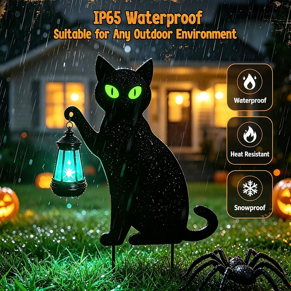 2 Pack Halloween Black Cat Solar Yard Stake, 7-Color LED Lantern