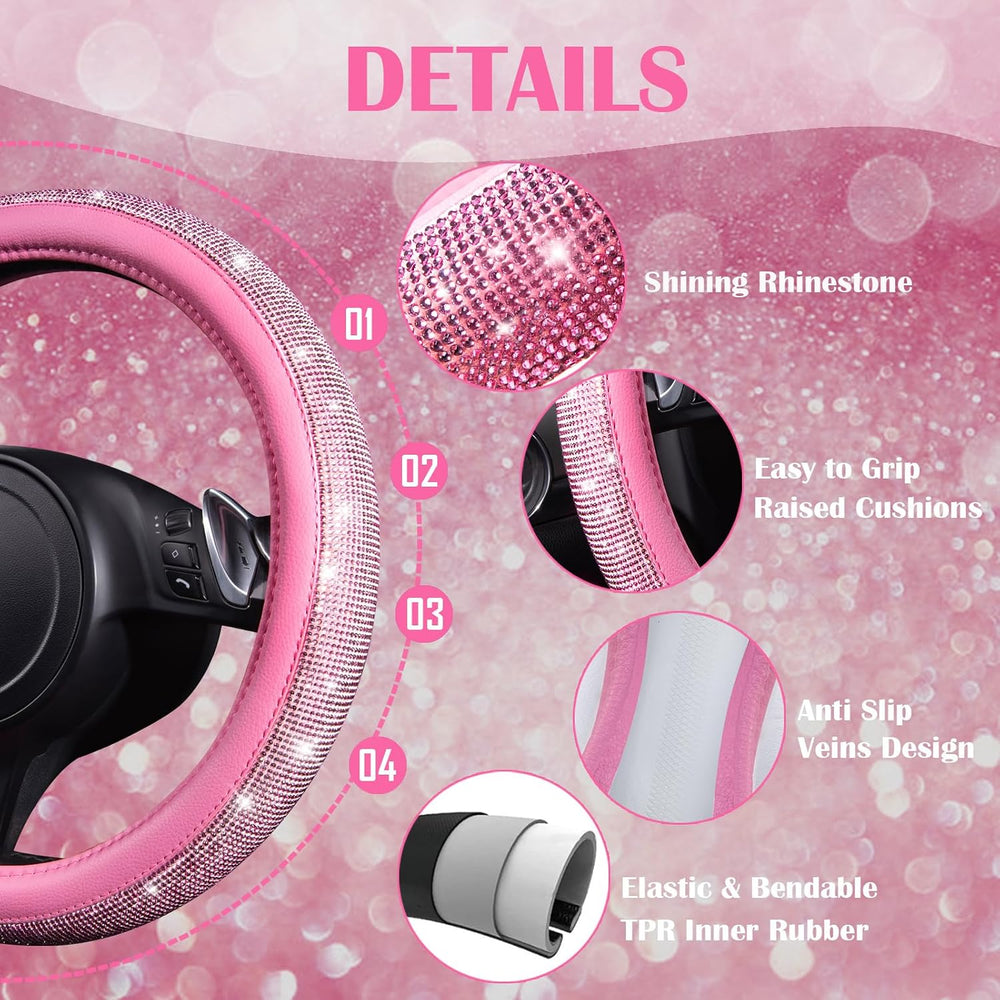 CAR PASS 24 PCS Pink Bling Diamond Accessories Set for Women, Leather Seat Co...