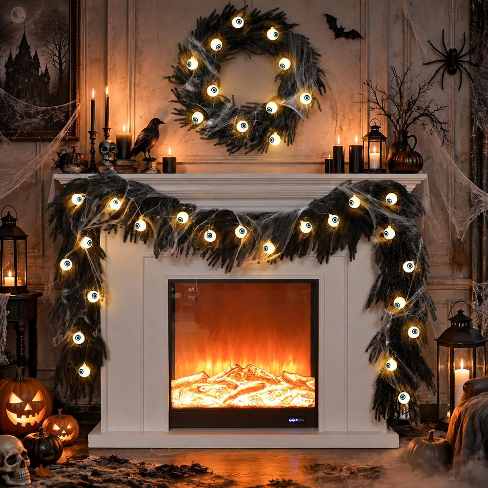 9FT Black Halloween Garland with Eyeball String Light Spider Cotton Spiders