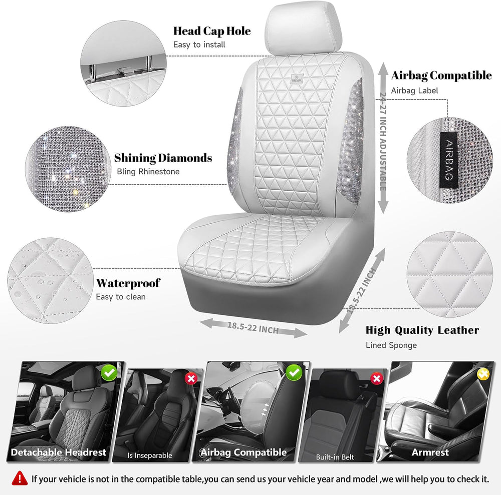 CAR PASS All White Bling Diamond Leather Car Seat Covers Full Sets,Waterproof...