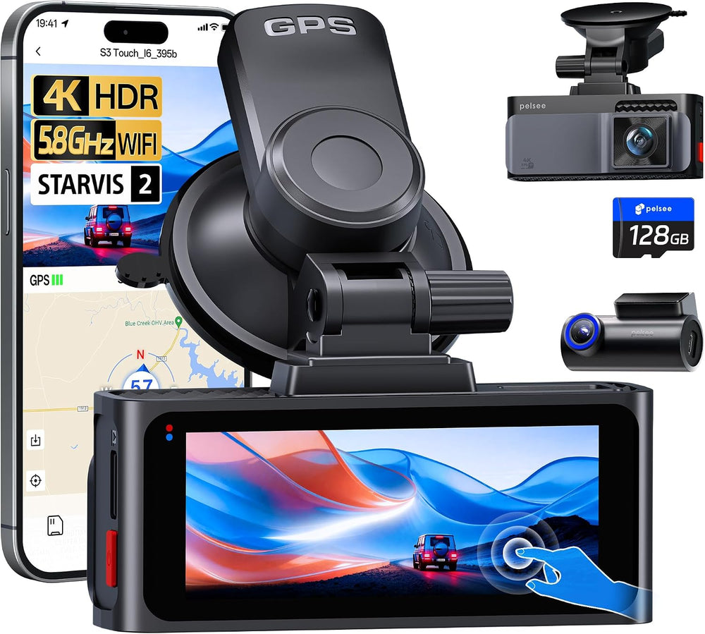 Pelsee S3 Touch 4K Dash Cam Front and Rear, STARVIS 2 Sensor, 128GB Card