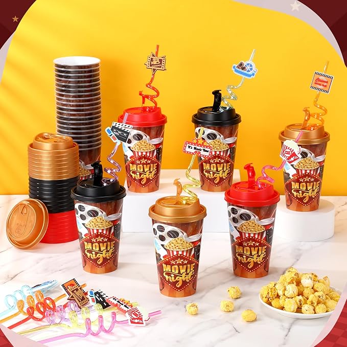 Yungyan 24 Sets Movie Night Party Favors Goodie Cups with Lids and Straws for...