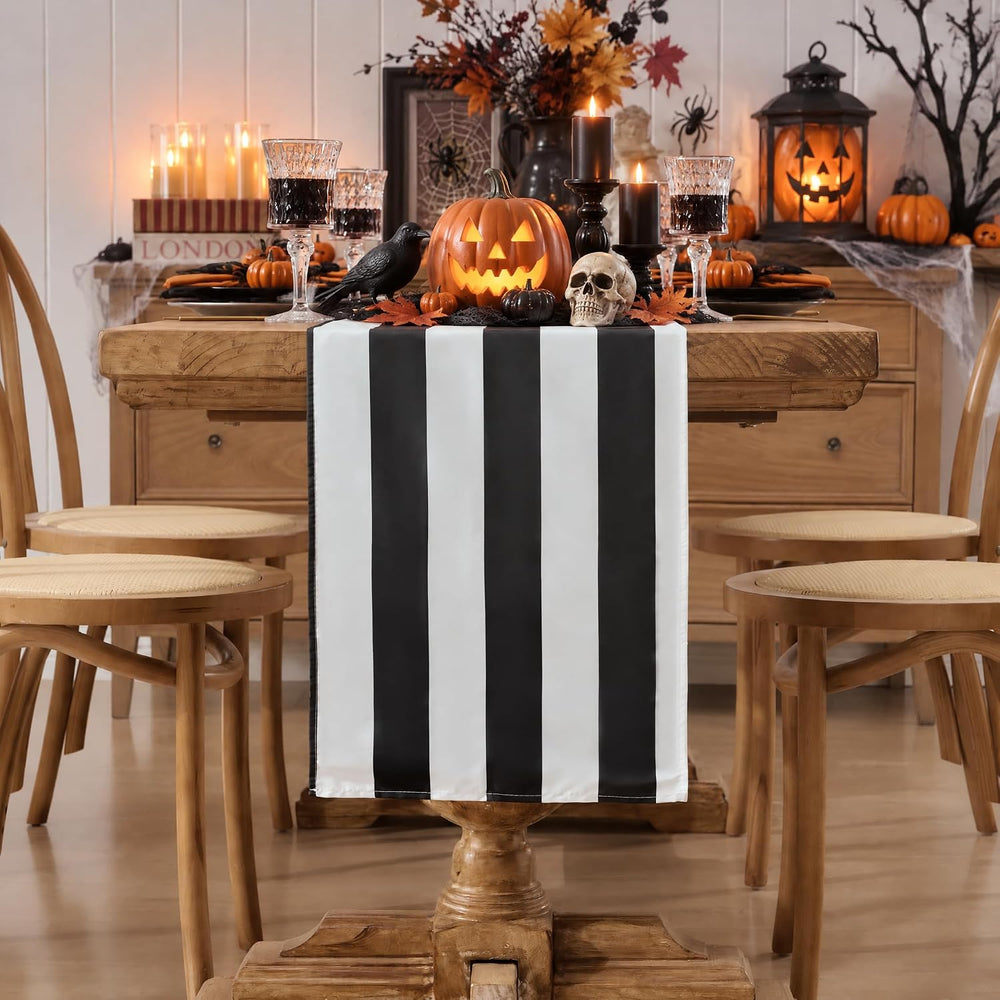 Black White Striped Table Runner 13x72 Inch for Halloween Table Decor 4Pack