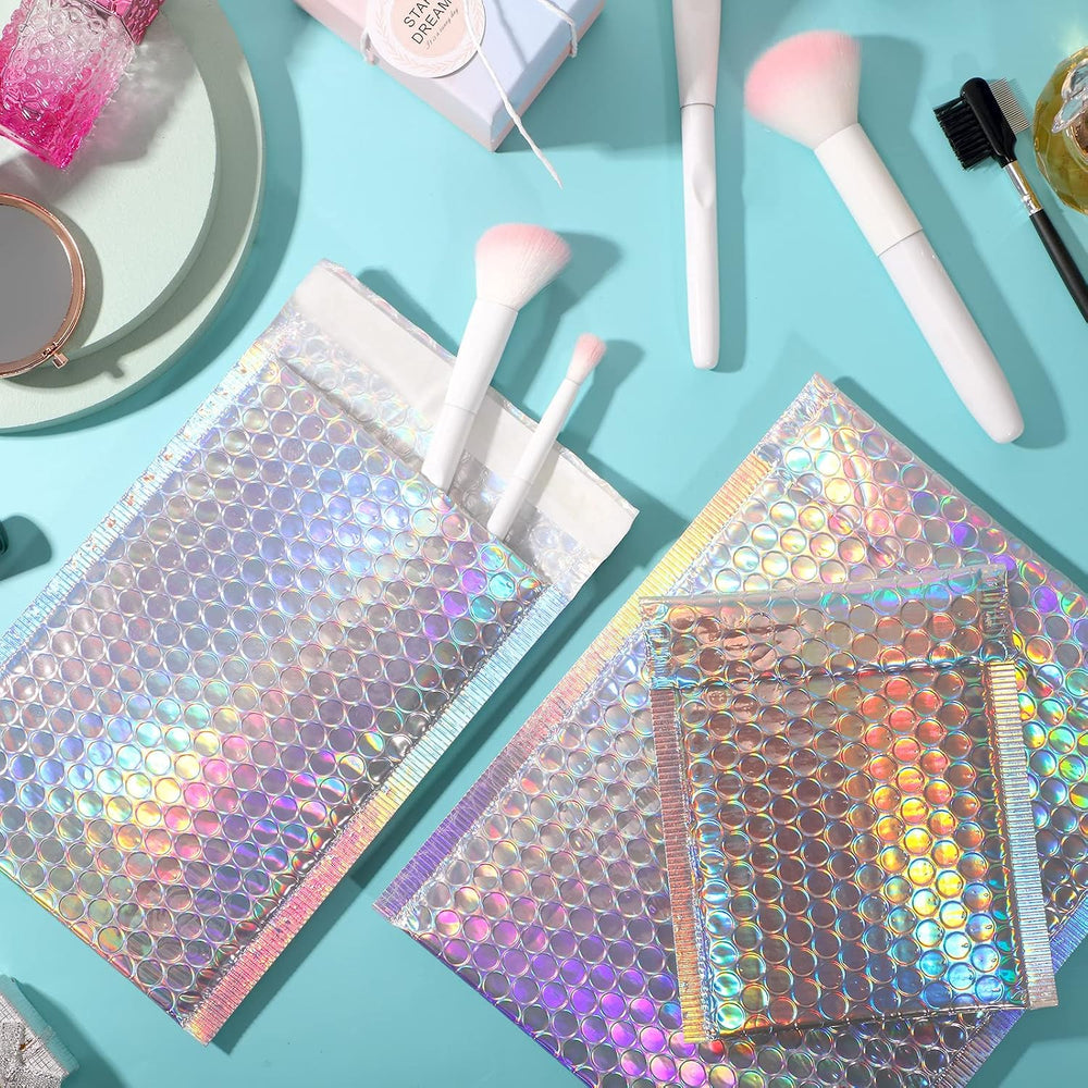 100 Pack Metallic Bubble Mailers 3 Sizes Holographic Padded Bubble Rainbow Po...