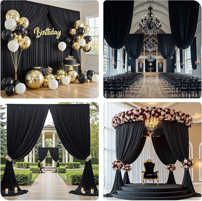 PartyVillage 60ft×15ft Black Backdrop Curtain for Halloween Parties, 12 Panel...