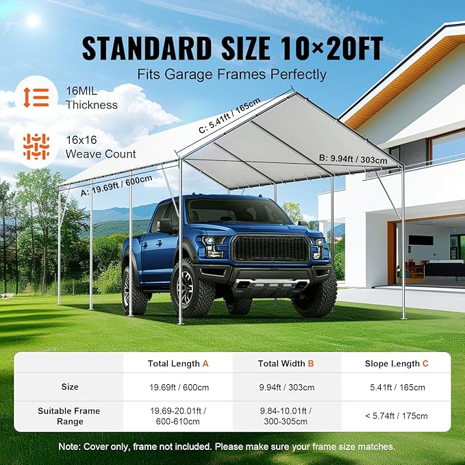 VEVOR 10x20' Canopy Replacement Cover Heavy Duty, Carport Garage Top Tent