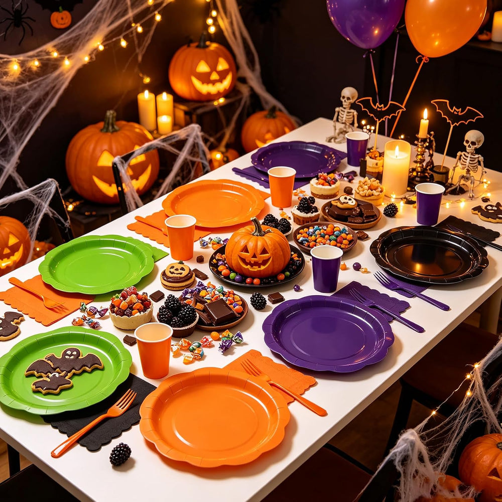 192Pcs Purple Orange Balck Plates and Napkins Party Supplies, Disposable 9’’ ...
