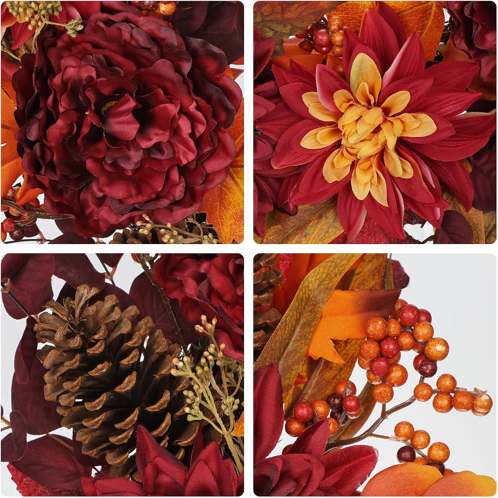 24" Artificial Fall Floral Wreath for Front Door Autumn Wreath with Peon...