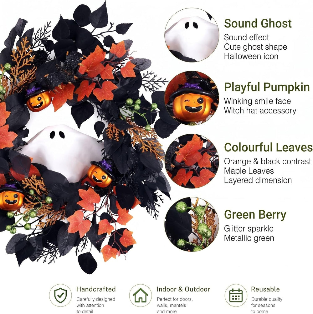 DecorbyHannah 20'' Halloween Wreath for Front Door with Lights Ghost ...