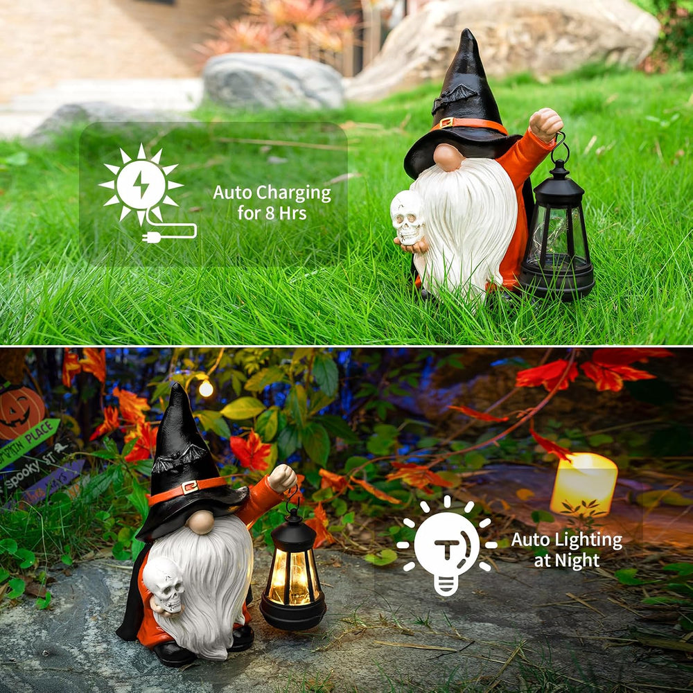 Halloween Gnome Decoration Garden Statues with Skull Solar Gnomes with LED La...
