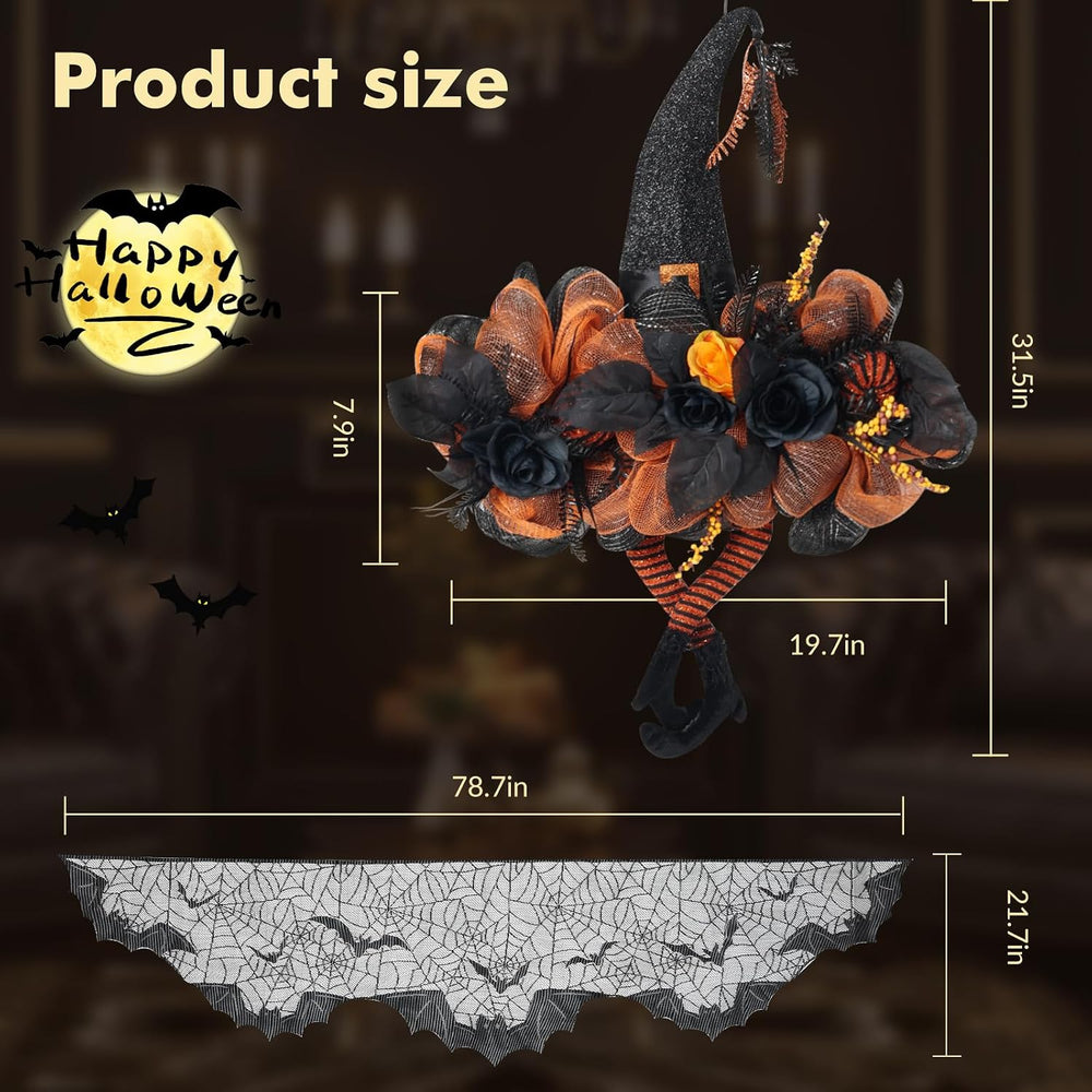 Halloween Wreath for Front Door, Witch Hat & Spiderweb Mantel Scarf Set