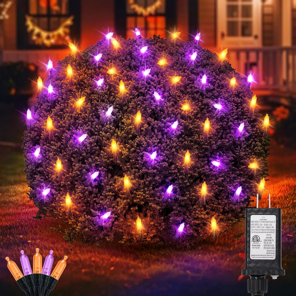 Halloween Net Lights Outdoor, Orange Purple Mesh, 120 LED, 5x6 ft