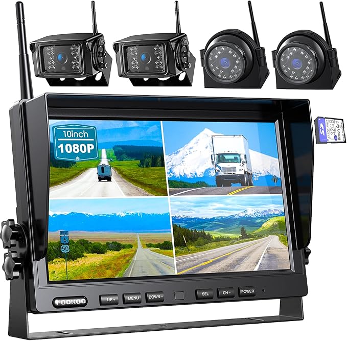 Fookoo HD 10" Wireless Backup Camera System, 1080P 10-inch Quad Split Mo...
