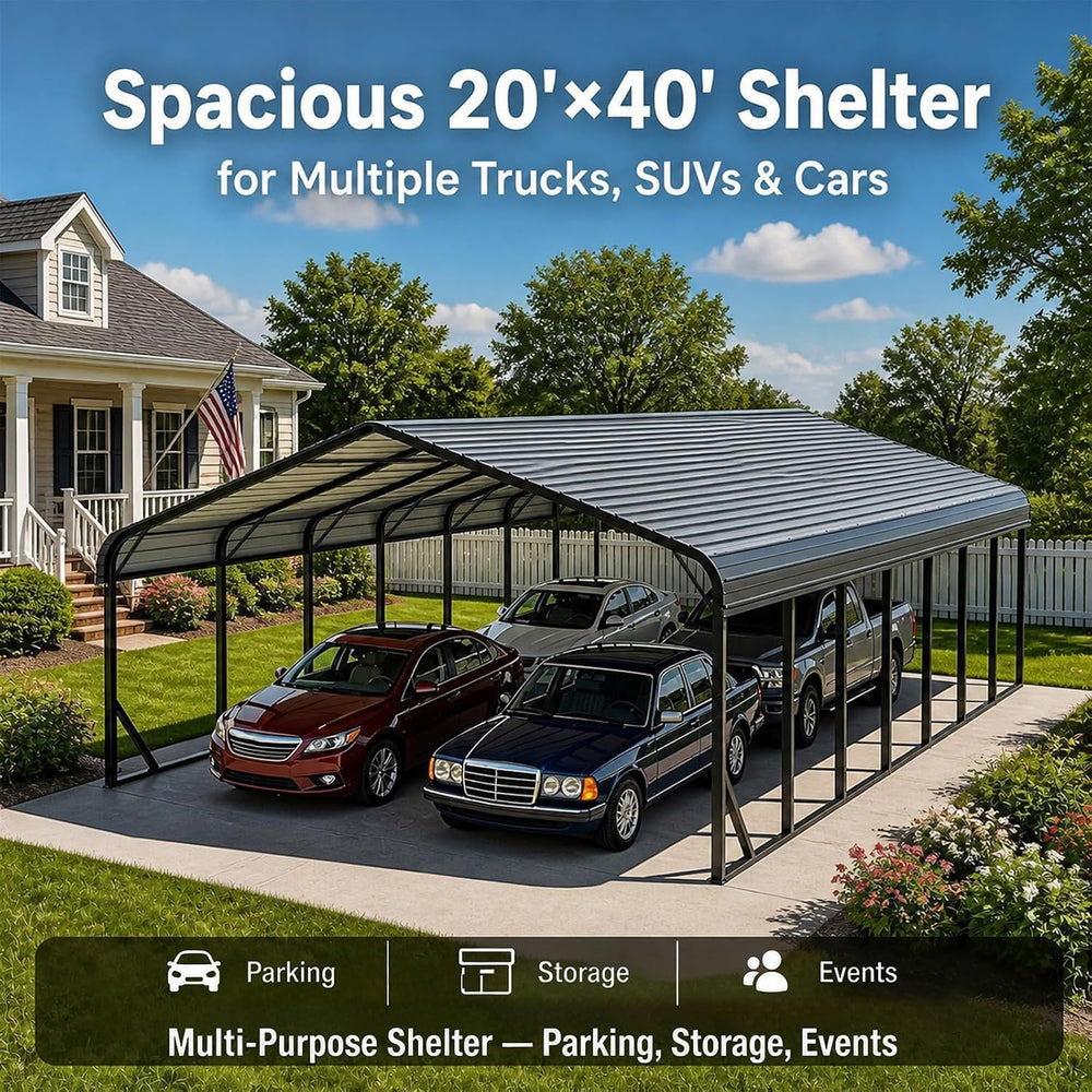Gray 20x40 FT Large Heavy Duty Metal Carport