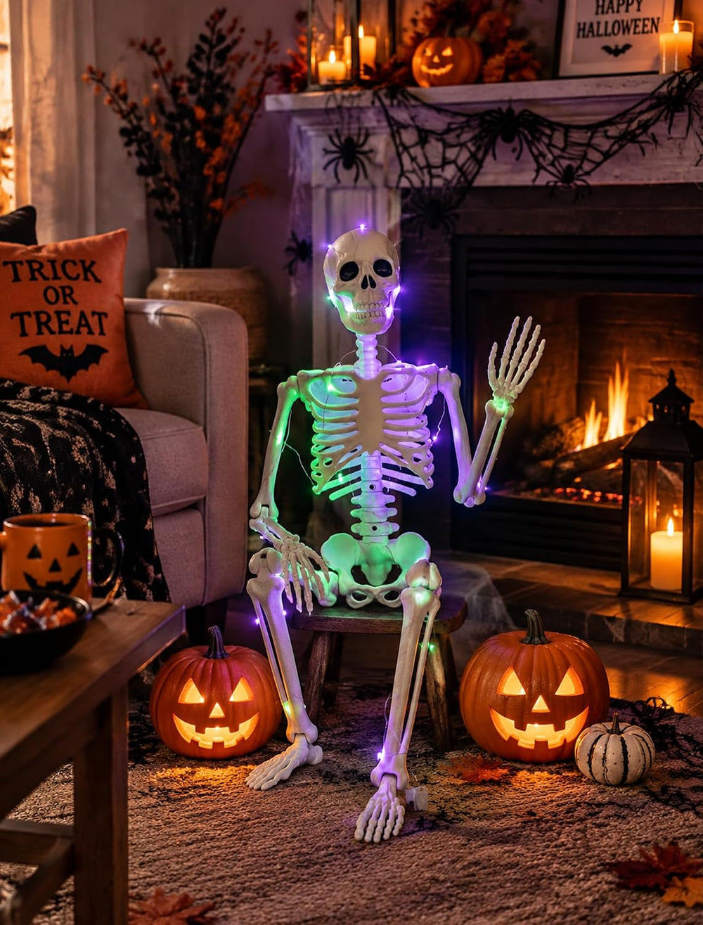 3 FT Light up Skeleton Halloween Decor: 36inch Posable Skeleton for Outdoor