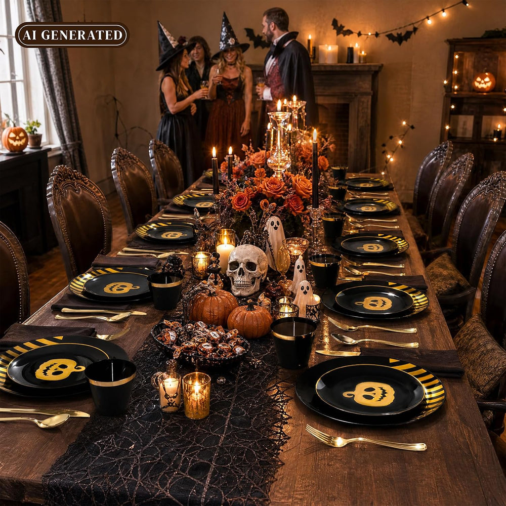 KIRE 25 Guest Halloween Plates Black Gold Plastic Plates Smiley Pumpkin inclu...