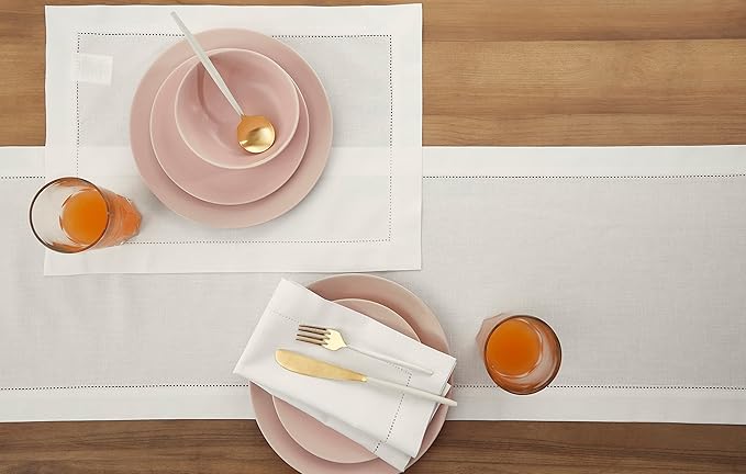 Solino Home White Table Runner 120 Inches Long - Cotton Linen Hemstitch 14 x ...