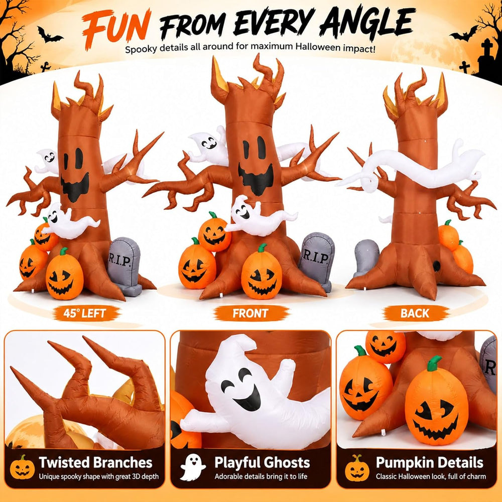 8FT Halloween Inflatable Ghost Tree Decoration with Pumpkins, Tombstone